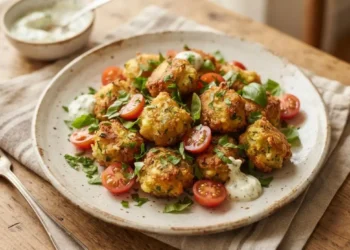 Piatto di polpette di zucchine alla siciliana dorate e croccanti guarnite con pomodorini freschi ed erbe aromatiche.