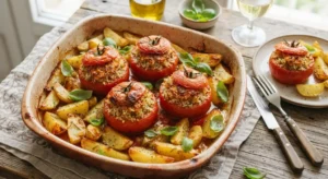 Pomodori ripieni di riso alla romana pronti da servire Pirofila con pomodori ripieni di riso alla romana e patate appena sfornati, pronti per essere serviti in tavola