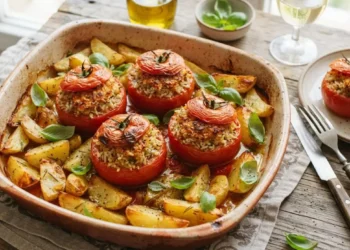 Pirofila con pomodori ripieni di riso alla romana e patate appena sfornati, pronti per essere serviti in tavola