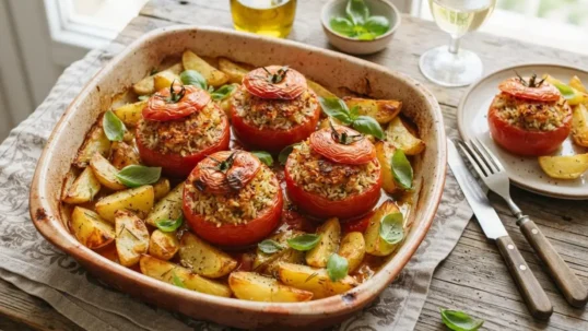 Pirofila con pomodori ripieni di riso alla romana e patate appena sfornati, pronti per essere serviti in tavola
