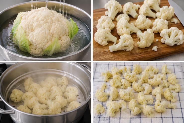 Lavate accuratamente il cavolfiore e dividetelo in cimette piuttosto grosse per preservarne la consistenza croccante. Cuocetele al vapore per circa 5 minuti, quindi scolatele con attenzione e lasciatele raffreddare completamente stese su un canovaccio pulito.