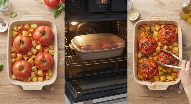 Pelate le patate, tagliatele a cubetti grossolani e distribuitele negli spazi vuoti tra un pomodoro e l’altro. Irrorate il tutto con il succo di pomodoro rimasto nella ciotola del riso, salate e pepate leggermente le patate. Cuocete in forno preriscaldato a 180°C per circa 30 minuti. Successivamente, girate le patate, bagnate con il fondo di cottura e proseguite la cottura per altri 30 minuti (meglio se ventilato), finché il riso non risulterà tenero e le patate dorate.