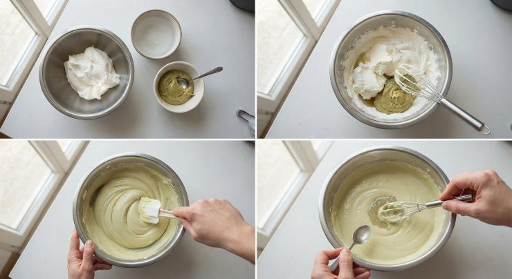 In una ciotola capiente, montate la panna vegetale ben fredda. Unite delicatamente il mascarpone, la ricotta, la vanillina e 100 g di crema al pistacchio (tenetene da parte 30 g per la decorazione). Lavorate il tutto fino a ottenere una crema liscia. Mettete in ammollo la colla di pesce in acqua fredda per qualche minuto. Successivamente, strizzatela e scioglietela in due cucchiaini di crema di pistacchio intiepidita. Incorporatela al composto di creme e mescolate energicamente.