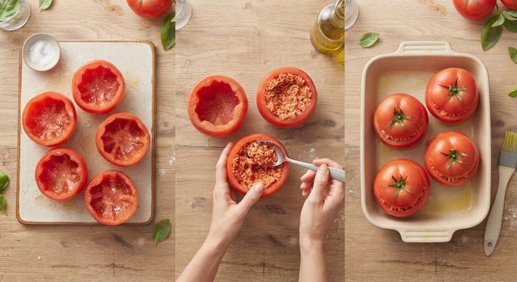 Salate leggermente l’interno dei pomodori svuotati e posizionateli capovolti su un tagliere per fargli perdere l’acqua in eccesso per qualche minuto. Riempite i pomodori con il composto di riso, avendo cura di non arrivare fino al bordo (lasciate mezzo centimetro, poiché il riso crescerà in cottura). Richiudete con le calotte e disponeteli in una pirofila leggermente unta.