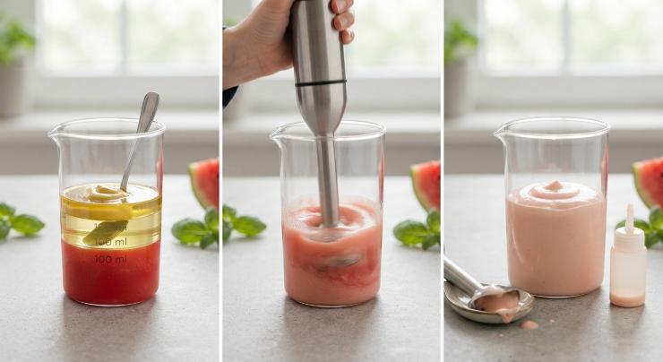 Realizzate la maionese all’anguria: versate in un boccale il succo ottenuto, l’olio di semi e la senape. Frullate con un mixer a immersione procedendo a scatti per pochi secondi alla volta, finché non avrete ottenuto una consistenza densa, liscia e cremosa.