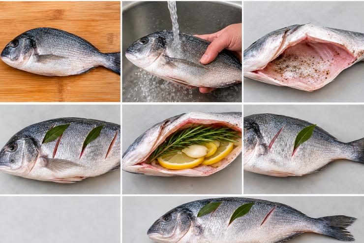 Innanzitutto, pulite accuratamente le orate squamandole ed eviscerandole (se non lo ha già fatto il pescivendolo). Risciacquatele sotto acqua corrente e asciugatele bene con carta assorbente. Preparate il condimento interno: salate e pepate leggermente l’interno della cavità del pesce. Inserite in ogni orata un rametto di rosmarino, mezzo spicchio d’aglio e un paio di fettine sottili di limone. Praticate due o tre incisioni oblique sul dorso del pesce e infilatevi all’interno una foglia di alloro per un profumo più intenso.