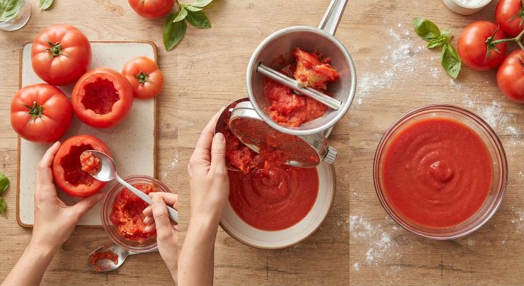 Lavate accuratamente i pomodori, asciugateli, tagliate la parte superiore (la calotta) e tenetela da parte. Con un cucchiaio, svuotate delicatamente l’interno, lasciando circa un centimetro di polpa attaccato alla buccia. Trasferite la polpa estratta in un passaverdura (o tritatela finemente) per ottenere un composto omogeneo, eliminando le parti più coriacee.