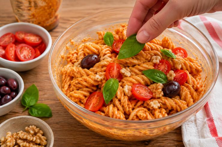 Amalgamate con cura tutti gli ingredienti affinché la pasta risulti perfettamente rivestita dalla crema. Guarnite con i restanti pomodorini tagliati, qualche oliva intera, pezzetti di noci e foglie di basilico fresco prima di servire.