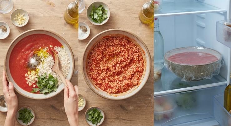 In una ciotola capiente, unite la polpa di pomodoro ottenuta, il riso crudo, l’aglio tritato, il basilico spezzettato, sale, pepe e un giro abbondante di olio extravergine. Mescolate bene e lasciate riposare in frigorifero per almeno un’ora: questo passaggio è fondamentale affinché il riso si insaporisca.
