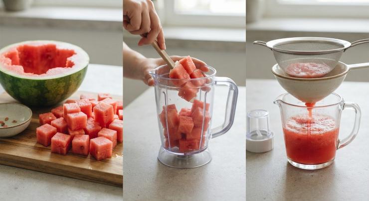 Per prima cosa, eliminate la buccia e i semi dalla fetta di anguria. Tagliate la polpa a cubetti regolari. Prendete una piccola parte dei cubetti preparati, frullateli e filtrateli con un colino a maglie strette per ottenere i 100 ml di succo necessari.