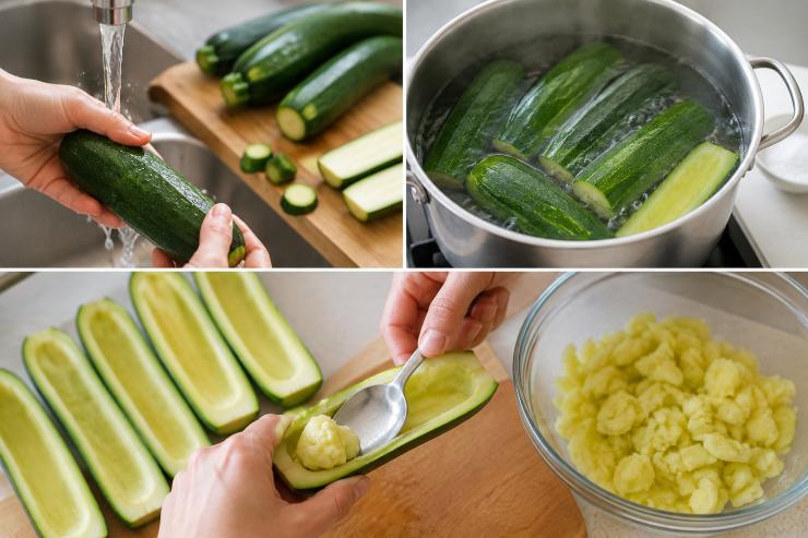 Innanzitutto, pulite le zucchine sotto acqua corrente, eliminate le estremità e tagliatele a metà per il lungo. Sbollentate le zucchine in acqua leggermente salata per circa 10 minuti, in modo da renderle tenere ma ancora consistenti; scolatele con cura e lasciatele raffreddare. Con l’aiuto di un cucchiaino, svuotate delicatamente le zucchine della loro polpa interna, ponendo quest’ultima in una ciotola capiente.