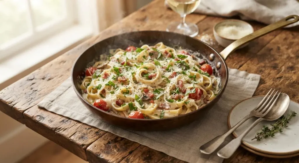 Primo piatto cremoso in padella pronto da servire, fumante e guarnito con erbe aromatiche fresche