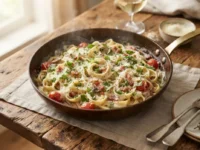 Primo piatto cremoso in padella pronto da servire, fumante e guarnito con erbe aromatiche fresche