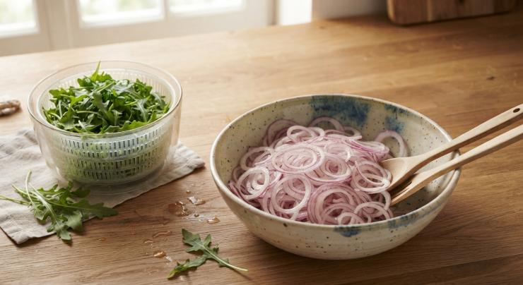 Pulite la rucola, eliminando i gambi troppo duri, sciacquatela delicatamente e asciugatela bene con una centrifuga per insalata o un canovaccio pulito. Se volete utilizzare la cipolla, affettatela molto finemente. Se preferite un sapore più delicato, lasciatela a bagno in acqua fredda per dieci minuti prima di aggiungerla. In un’ampia insalatiera, unite tutti gli ingredienti: i ceci, le zucchine, i pomodori e la rucola.