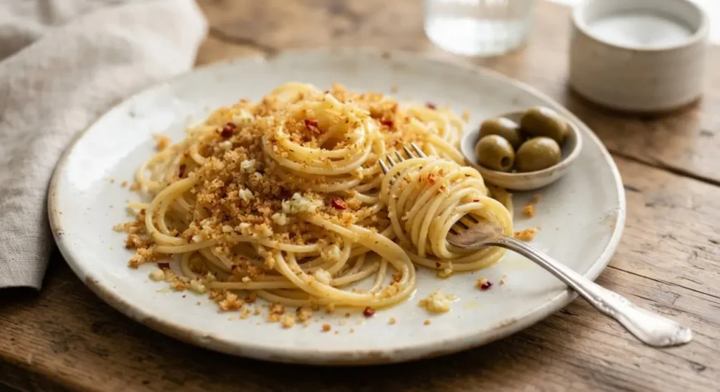 Spaghetti aglio e pangrattato ricetta Gigi D'Alessio Piatto di spaghetti con aglio, olio e pangrattato, la ricetta napoletana preferita da Gigi D'Alessio pronta da gustare.