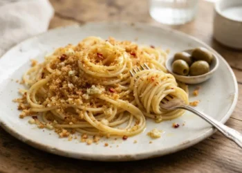 Piatto di spaghetti con aglio, olio e pangrattato, la ricetta napoletana preferita da Gigi D'Alessio pronta da gustare.