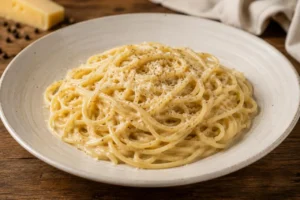 Spaghetti cremosi al pepe e formaggio serviti su un piatto