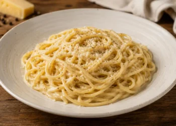 Spaghetti cremosi al pepe e formaggio serviti su un piatto