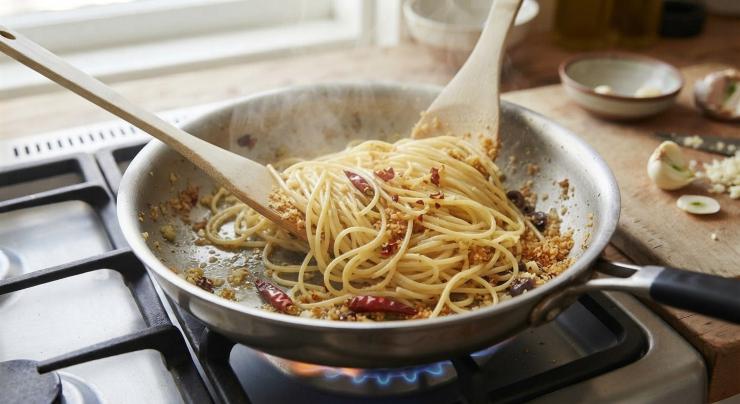Nel frattempo, fate cuocere gli spaghetti nell’acqua bollente e scolateli rigorosamente al dente. Trasferite la pasta direttamente nella padella con il condimento a base di olio, aglio e pangrattato. Amalgamate per bene a fiamma viva per qualche istante, aggiungete il peperoncino a piacimento e servite subito a tavola i vostri spaghetti ben caldi.