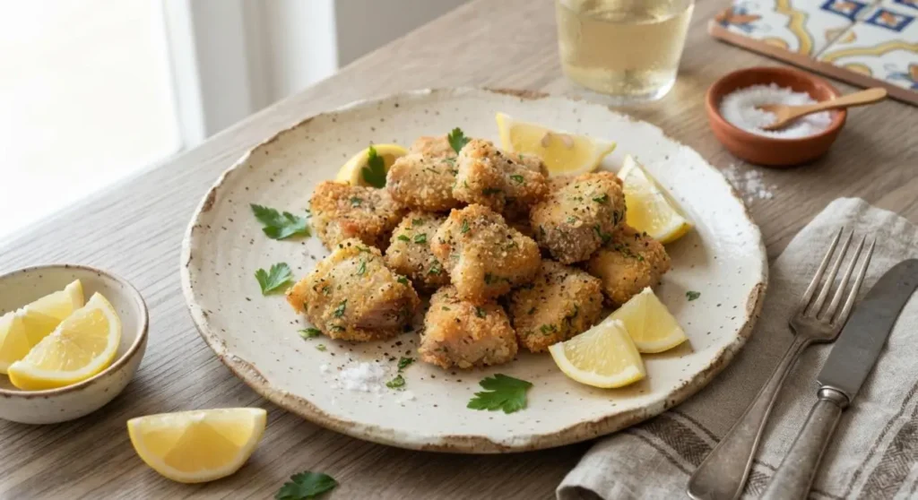 Piatto di surra di tonno fritta siciliana appena preparata, croccante e dorata, servita con fette di limone fresco su un tavolo in legno