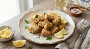 Piatto di surra di tonno fritta siciliana appena preparata, croccante e dorata, servita con fette di limone fresco su un tavolo in legno