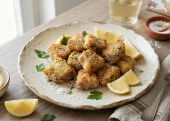 Piatto di surra di tonno fritta siciliana appena preparata, croccante e dorata, servita con fette di limone fresco su un tavolo in legno