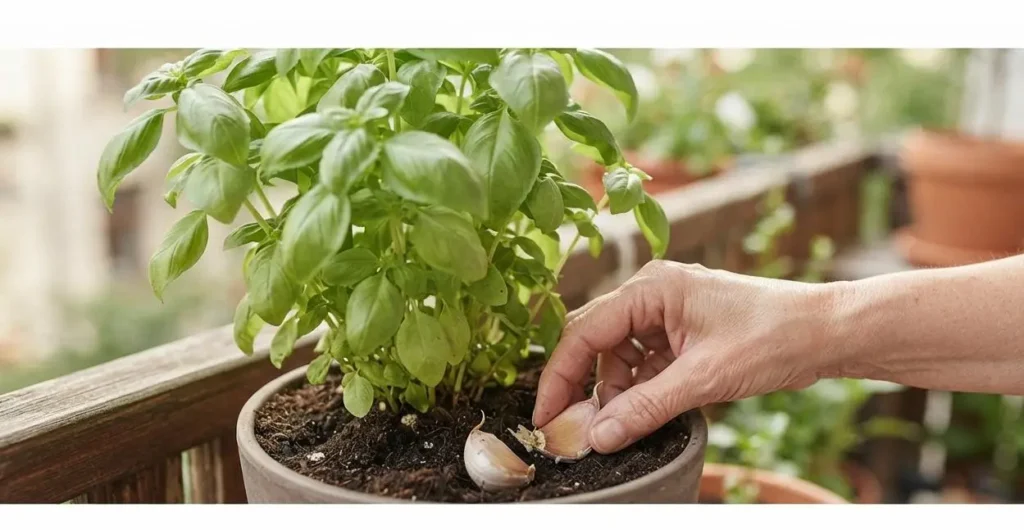 Come salvare le piante con gli scarti d'aglio: il rimedio naturale della nonna. Primo piano di una mano esperta che interra due spicchi d'aglio in un vaso di terracotta con terriccio scuro, ai piedi di una rigogliosa pianta aromatica verde su un balcone soleggiato.
