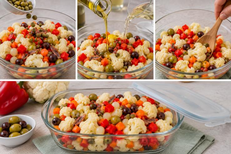 Unite anche i capperi dissalati e i filetti di acciughe spezzettati. Condite il tutto con l’olio extravergine di oliva, l’aceto bianco a piacere e un pizzico di sale, regolandovi secondo i vostri gusti. Mescolate con estrema delicatezza per amalgamare tutti i sapori e ponete l’insalata di rinforzo a riposare in frigorifero per almeno qualche ora prima di portarla in tavola.