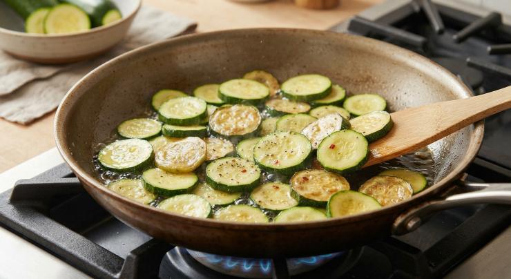 Per iniziare, lavate accuratamente le zucchine, spuntatele e tagliatele a rondelle sottili o a cubetti piccoli, come preferite. Versate 2 cucchiai di olio in una padella antiaderente capiente, aggiungete le zucchine e fatele cuocere per circa 15 minuti a fiamma moderata. Regolate di sale e pepe durante la cottura.