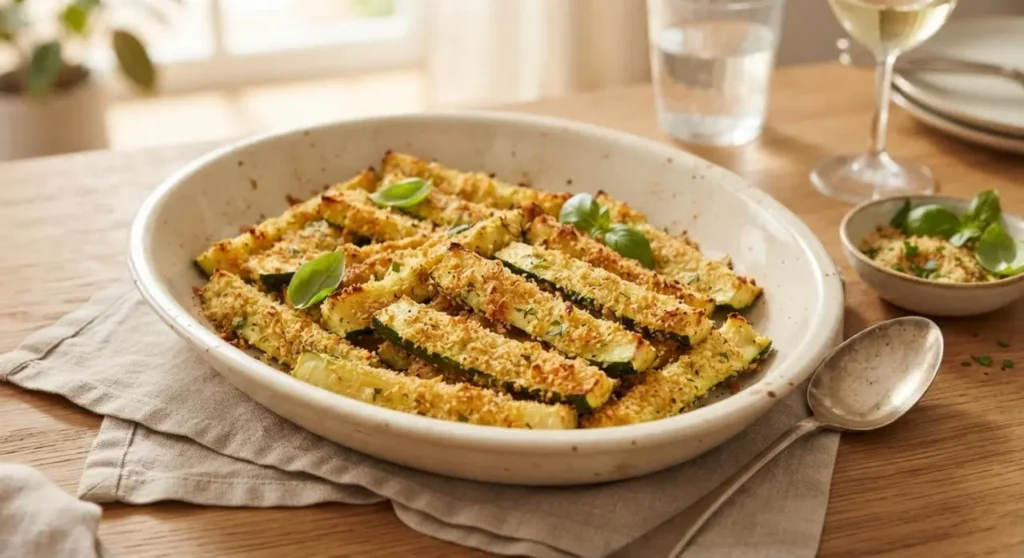 Zucchine gratinate al forno croccanti e light Piatto di portata con zucchine gratinate al forno croccanti pronte da servire in tavola