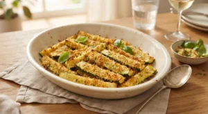 Zucchine gratinate al forno croccanti e light Piatto di portata con zucchine gratinate al forno croccanti pronte da servire in tavola