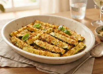 Piatto di portata con zucchine gratinate al forno croccanti pronte da servire in tavola