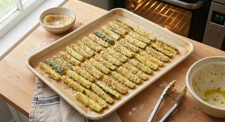 Aggiungete il pangrattato in superficie. Mescolate con cura affinché ogni pezzetto di zucchina si carpisca di una leggera patina di panatura. Mettete le zucchine condite su una teglia rivestita di carta forno, disponendole senza sovrapporle eccessivamente. Cuocete in forno statico o ventilato preriscaldato a 180° per circa 20 minuti, fino a doratura desiderata.