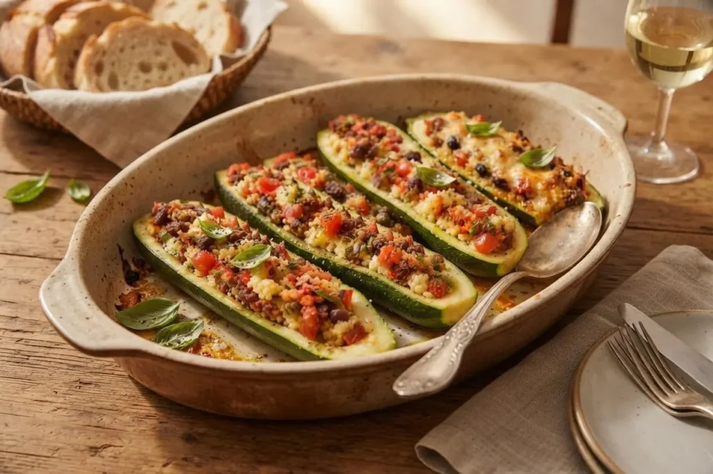 Zucchine ripiene al forno con couscous e basilico Quattro barchette di zucchine ripiene con un mix di couscous, pomodori e fagioli neri, cotte al forno in una teglia di ceramica ovale, guarnite con foglie di basilico fresco e pronte per essere servite con pane e vino bianco.