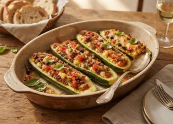 Quattro barchette di zucchine ripiene con un mix di couscous, pomodori e fagioli neri, cotte al forno in una teglia di ceramica ovale, guarnite con foglie di basilico fresco e pronte per essere servite con pane e vino bianco.