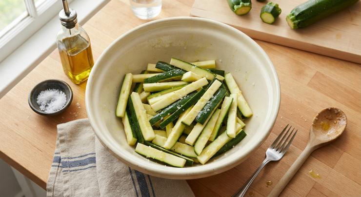Lavate accuratamente le zucchine sotto acqua corrente fresca e tagliate le estremità. Tagliate le zucchine a strisce regolari, così da garantire una cottura omogenea in forno. Aggiungete i pizzichi di sale e un giro generoso di olio extravergine d’oliva direttamente sulle zucchine. Girate e mescolate bene le strisce di zucchine per distribuire uniformemente il condimento oleoso e sapido.