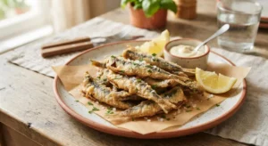Alici fritte croccanti: foto del piatto pronto da servire Piatto di alici fritte croccanti appena pronte, con spicchi di limone e salsa, su un tavolo di legno rustico.