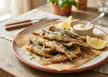 Piatto di alici fritte croccanti appena pronte, con spicchi di limone e salsa, su un tavolo di legno rustico.