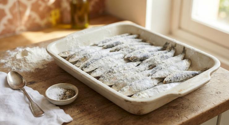 Per velocizzare i tempi di preparazione andiamo ad utilizzare alici già pulite. Dopo averle tamponate bene così da eliminare eventuale acqua in eccesso andiamo a riversare in una ciotola una porzione abbondante di farina. Immergiamo le alici nella farina, ricoprendole per bene su ogni lato e spolverando poi via l’eccesso di polvere.