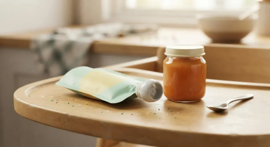 Vasetto di omogeneizzato e purea in busta su un seggiolone in legno con microplastiche visibili.