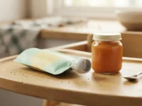 Vasetto di omogeneizzato e purea in busta su un seggiolone in legno con microplastiche visibili.
