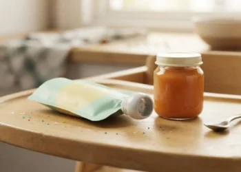 Baby food e omogeneizzati contaminati Vasetto di omogeneizzato e purea in busta su un seggiolone in legno con microplastiche visibili.