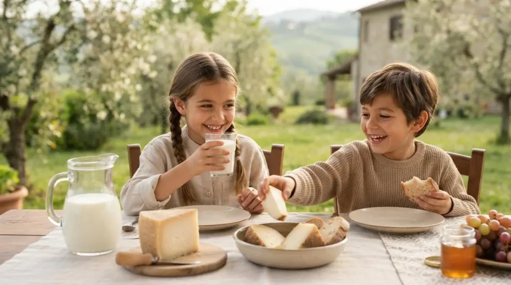 Bambini felici a tavola che bevono latte fresco e mangiano formaggio stagionato all'aperto