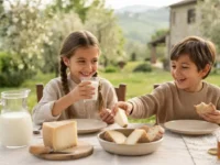 Bambini felici a tavola che bevono latte fresco e mangiano formaggio stagionato all'aperto