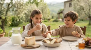 Bambini felici a tavola che bevono latte fresco e mangiano formaggio stagionato all'aperto