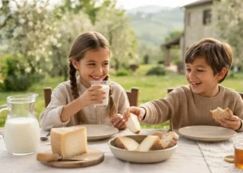 Bambini felici a tavola che bevono latte fresco e mangiano formaggio stagionato all'aperto