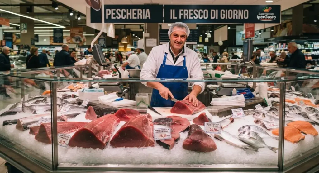 Tranci di tonno fresco al banco pescheria del supermercato Banco della pescheria in un supermercato con tranci di tonno fresco esposti sul ghiaccio