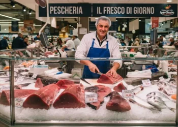 Tranci di tonno fresco al banco pescheria del supermercato Banco della pescheria in un supermercato con tranci di tonno fresco esposti sul ghiaccio