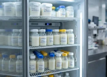 Biberon di latte materno donato conservati nei frigoriferi di una banca del latte umano.