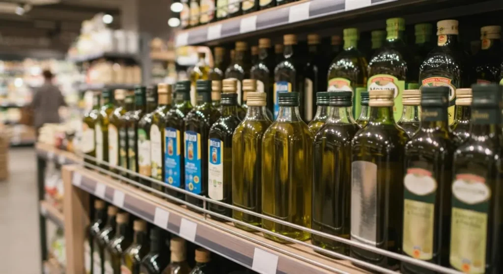Bottiglie di olio extravergine di oliva esposte sugli scaffali di un supermercato